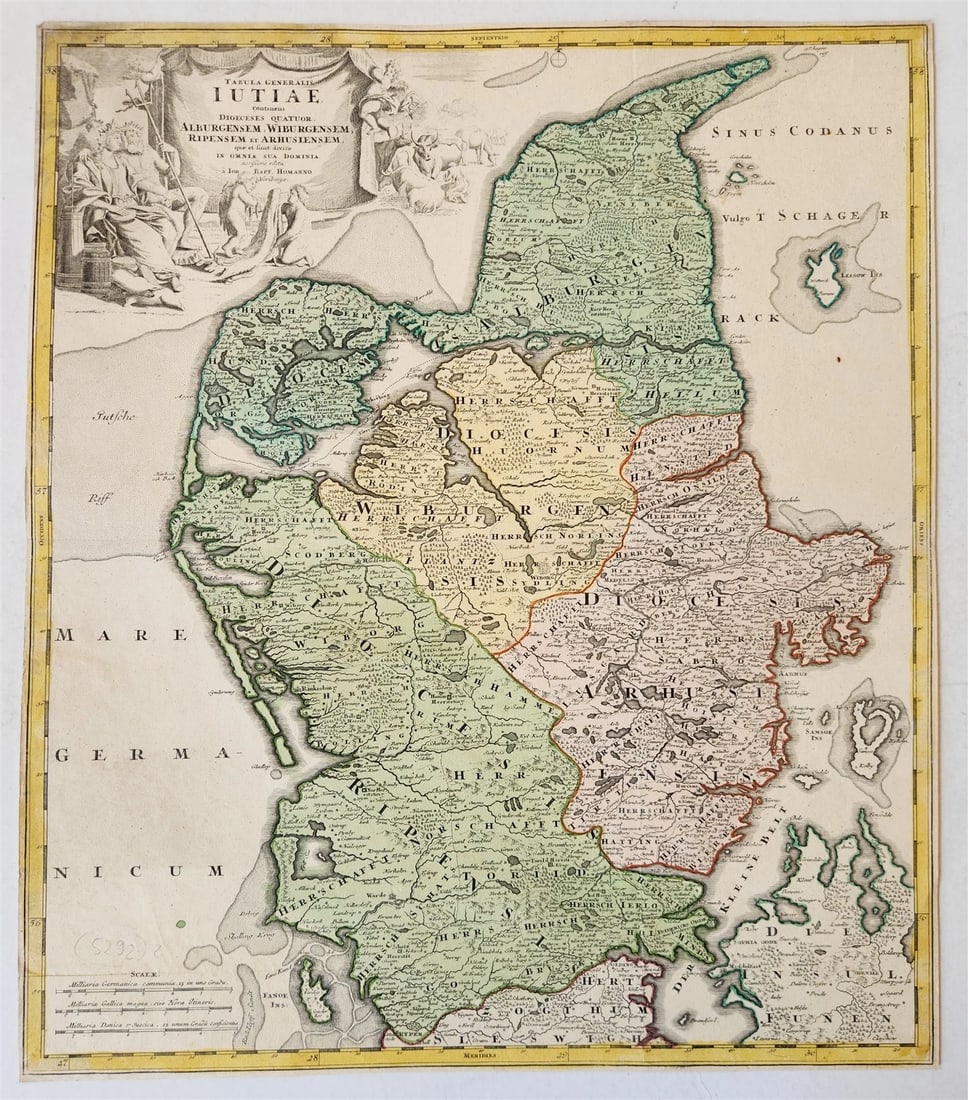 1710s DENMARK antique MAP IUTIAE Tabula Generalis by JOHANN HOMANN AUTHENTIC: Johann Baptista Homann Germany, ca. 1664–1724 A Map of Denmark Tabula Generalis IUTIAE Hand-colored etching on paper, undated (c. 1710) Size 19 1/4 by 22 1/2 inches With black-and-white cartouch