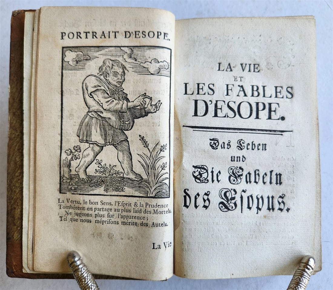 1758 FABLES of AESOP in FRENCH & GERMAN antique: La Vie et Les Fables d'Esope avec D'Refexionsmorales en Francois & en Allemand [...], s Strasbourg, chez Amand Konig Libraire; 1758 4 lvs., 455 pages, Frontispiece by J. Striedbeck, Original half-leat