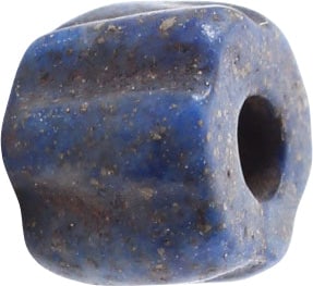 VIKING LAPUS LAZULI BEAD, 850-1000 AD.: Polished stone, meticulously worked and polished to a ribbed cylindrical or melon form. 7.0mm diameter (a little over ¼"), 5.3mm length. One of a group of five from a larger necklace. •Celt