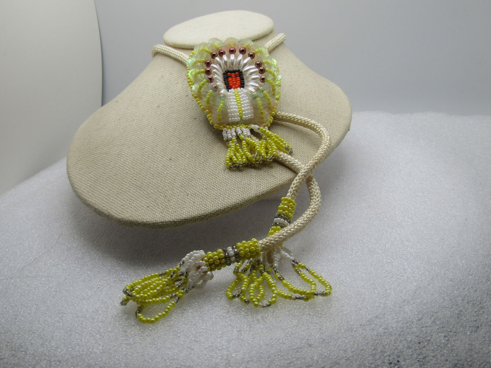 Vintage Beaded/Sequins Chief Bolo Tie, Yellow & White,  34" with Tassels, 1970's-1980's (1 of 5)