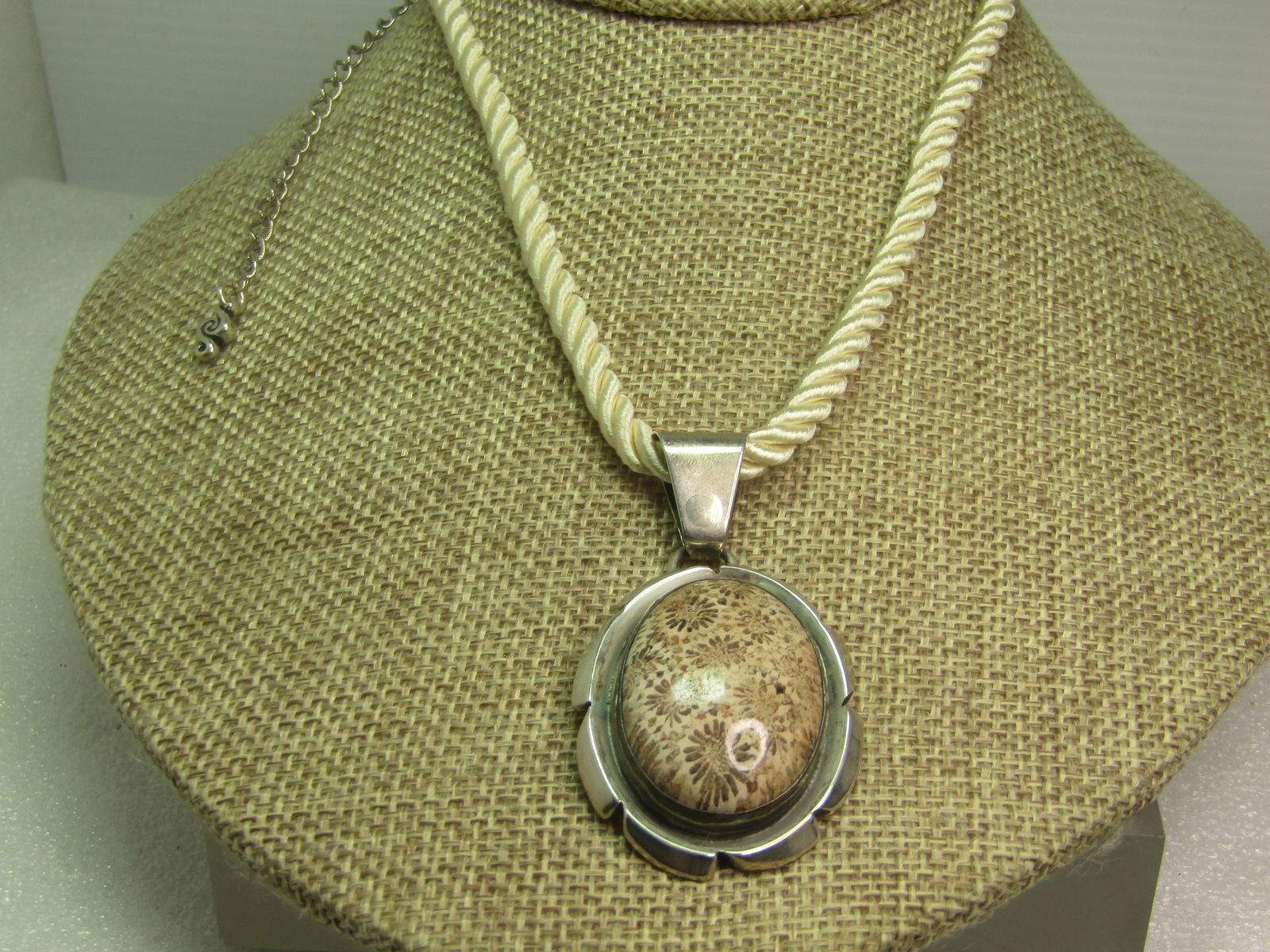 Vintage Sterling Navajo Fossil Coral Necklace, Signed Cecil Sanders, 1980's, 14"-19" (1 of 7)