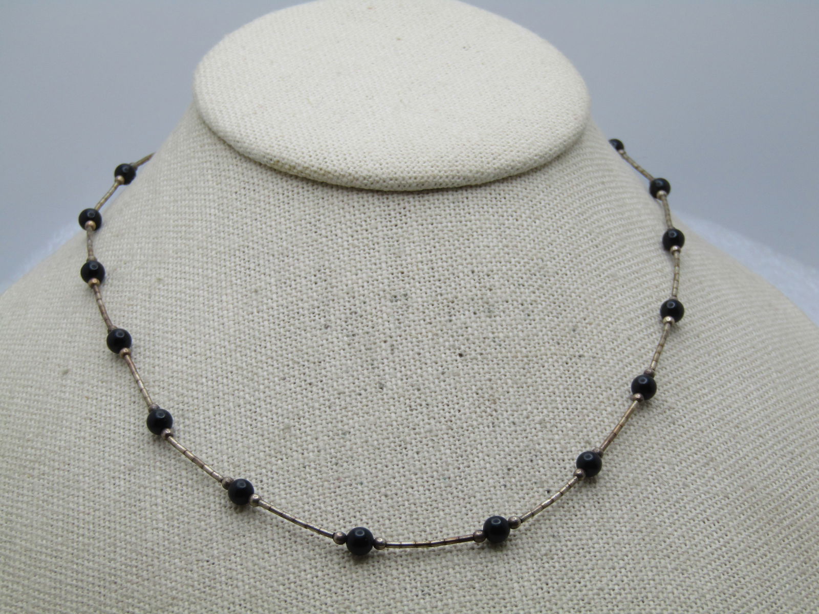 Vintage Sterling Black Beaded Necklace, 16", Southwestern Themed, 1960's-1970's (1 of 6)
