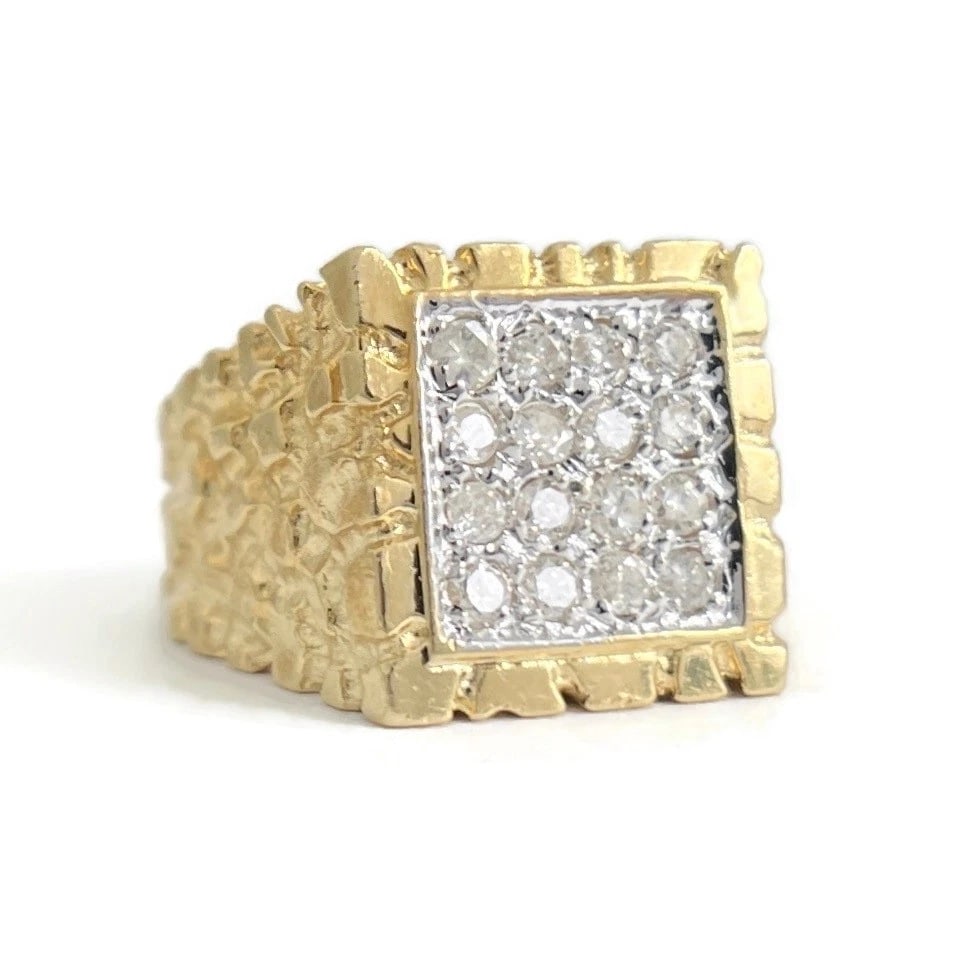 Vintage Men's Pave Diamond Nugget Signet Flat Top Ring 14K Yellow Gold, 8.60 Gr (1 of 8)