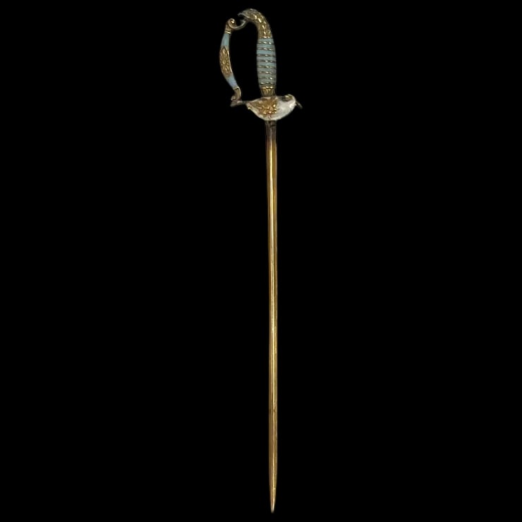 Victorian 14K Gold Eagle Sword Military Stickpin: Victorian 14K Gold Eagle Sword Military Stickpin Did not see a Hallmark, Tested as 14k Gold Weighs 2.4 grams Measures Approx. 3 x .50 inches Reserve: $195.00 Shipping: Domestic: Flat-rate of $6.00 to 