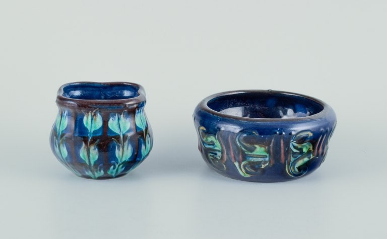 Nils Kähler for Kähler. Small ceramic bowl and small vase with turquoise glaze.: Nils Kähler for Kähler. Small ceramic bowl and small vase with turquoise glaze. Approximately 1970. Marked. In perfect condition with natural cracks in the glaze. Bowl: Diameter 11.5 cm x He