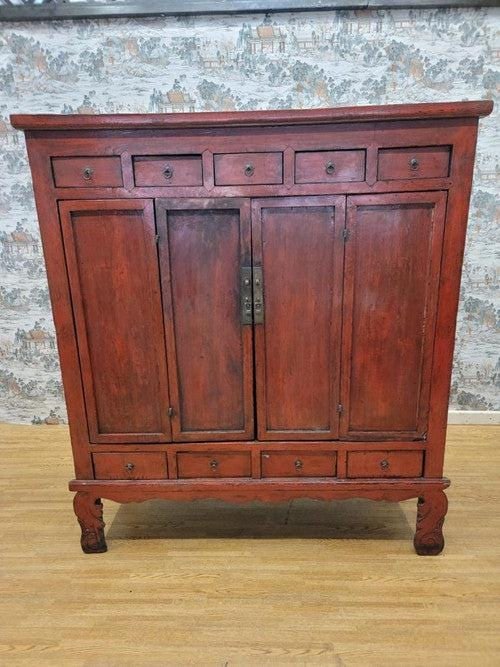 Antique Shanxi Province Red Lacquered Elm Storage Cabinet With Drawers: Vintage from before 2000 Antique Shanxi Province Red Lacquered Elm Storage Cabinet With Drawers This Elmwood Storage Cabinet has 2 doors, 2 shelves, and 9 drawers. With original patina and red lacquer