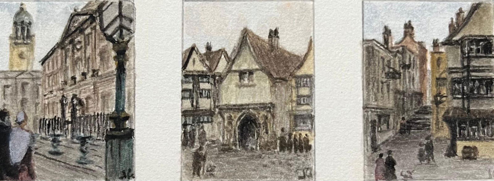 Jack Grunwell; Historic Miniature Watercolor Triptych of Various Streets in Bristol: Title: Historic Miniature Watercolors of Bath Abbey West Front and Klais Organ by Jack Grunwell, 20th century British artist Medium: Watercolor on thin card, unframed Measurements: 5.75 inches (height