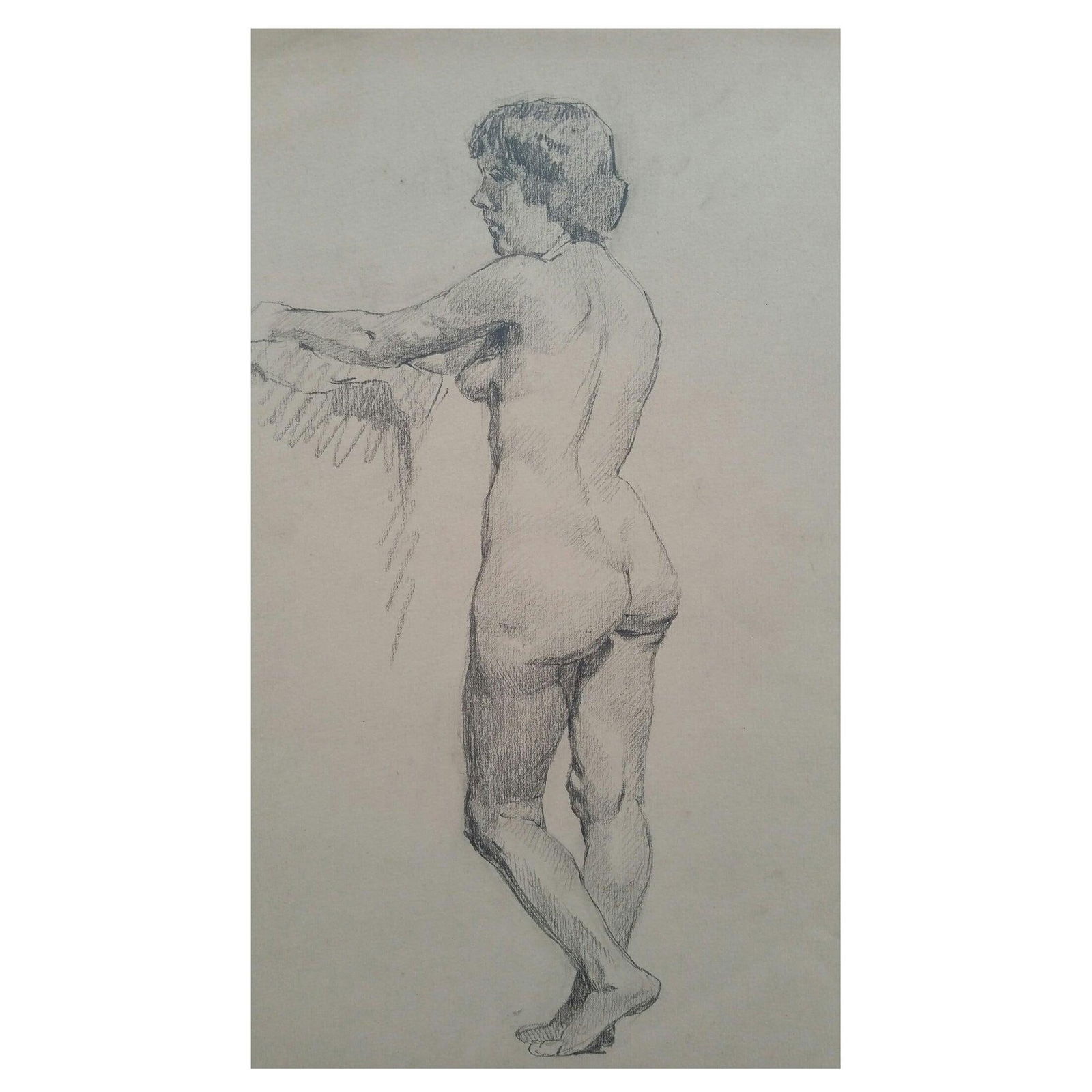 English Graphite Portrait Sketch of Female Nude, Standing, circa 1880-1905: Red sail boat pulled up on the beach by Maurice Mazeilie (French, 1924-2021) watercolor painting on artist paper, unframed signed lower left stamped verso A looser composition to much of this artist's