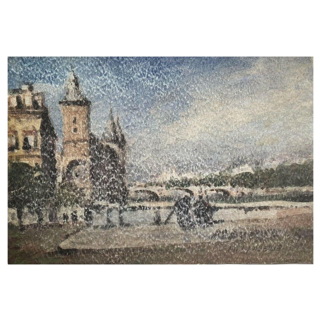 Maurice Mazeilie, French Impressionist City Landscape Scene, 20th Century: Very stylish, unique and original 1940's fashion design by French illustrator Geneviève Thomas. The painting, executed in gouache and pencil. The sketch is original, vintage and measures unframed