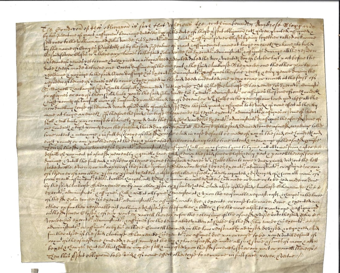1644 English Vellum Obligation Bond: Handwritten English vellum Obligation Bond dated 1644 regarding the conveyanvce of property to Ambrose Shepparde of Gloucester to John Warde of Norfolke, Gentleman. Nicely penned in English on main pa