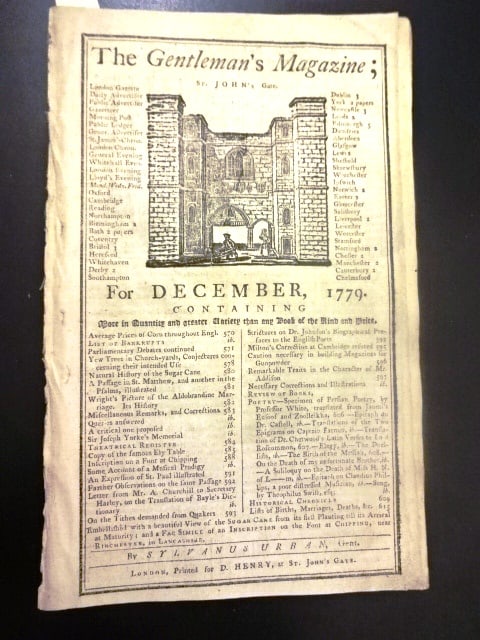 1779 Gentlemans Magazine Revolutionary War: The December 1779 issue of the Gentleman's Magazine printed at London by Sylvanus Urban, 48 pages and one folding engraved plate of Sugar Cane, War briefs from New York and Congress at back of magazin