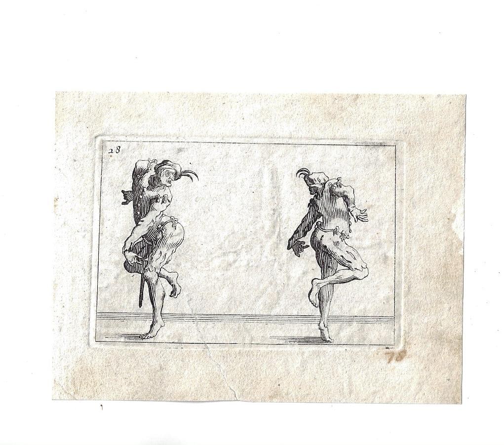 1630 Engraving Jacques Callot Two Pantaloni: An engraving after Jacqus Callot (1592-1635) of "Two Pantaloni Turning Their Backs". On laid paper with minor repair on verso. Plate number 28. Printed circa 1630, the originals done in 1617. Measures