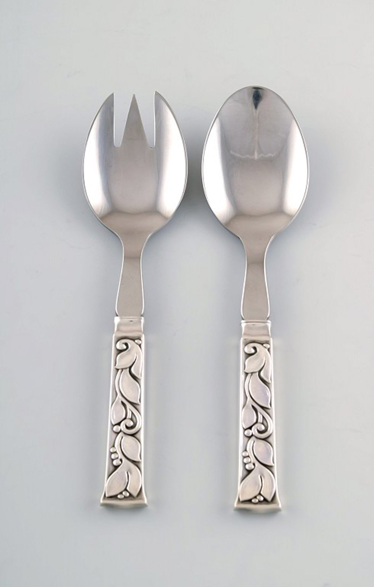 Evald Nielsen No. 30 (leaf pattern), salad set in sterling silver. (1 of 4)