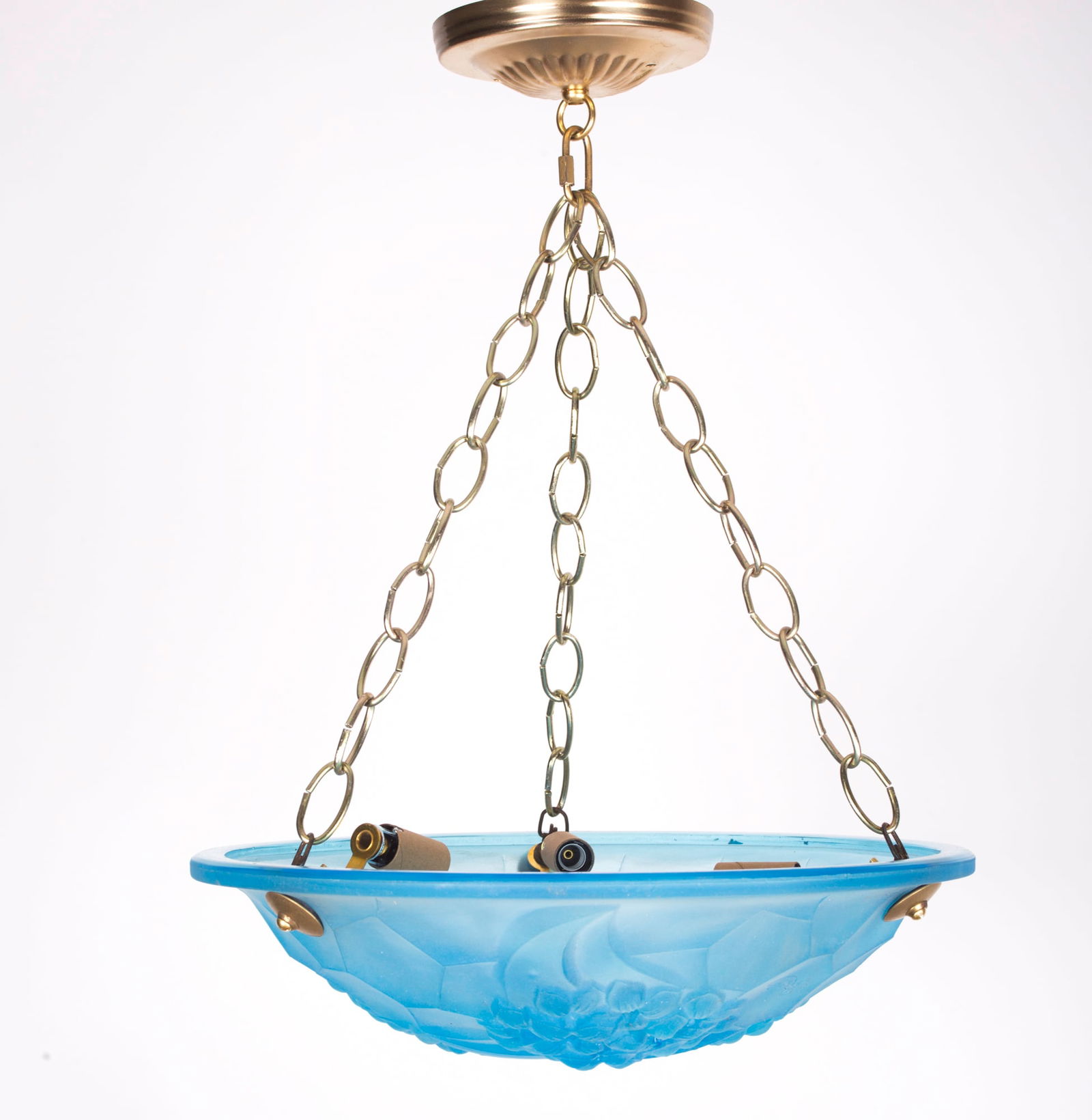 FRENCH ART DECO CHANDELIER MOLDED and Etched GLASS Mouynet Degué: Made in France in the late 1920's early 1930's signed chandelier display a flower motive , the signature ROS was one used by Henri Mouynet and Degué . They were hand sanded and etched after being