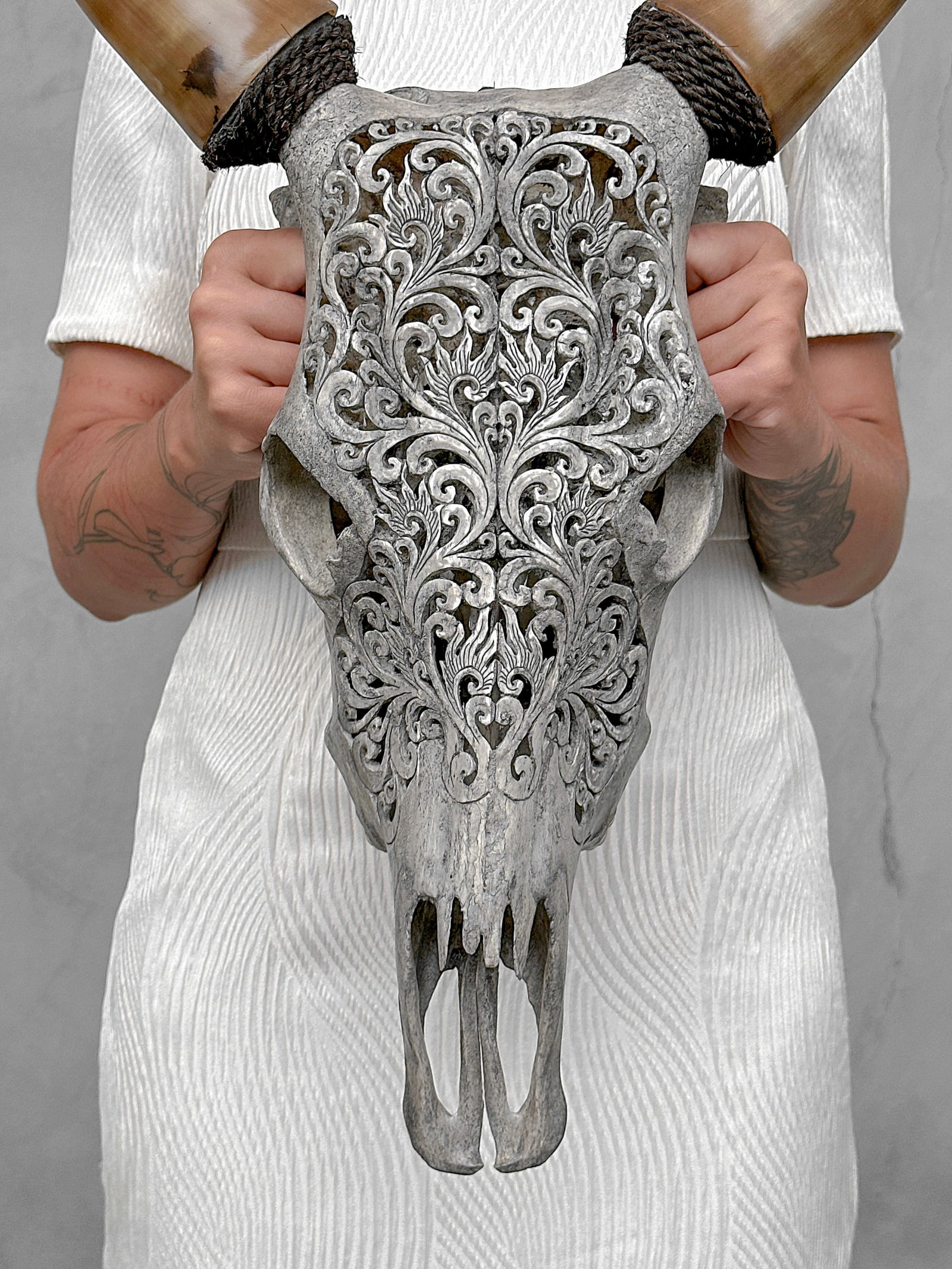 Grey cow skull - Traditional Balinese motif: Title: Grey cow skull - Traditional Balinese motif Maker:Unknown Origin: Indonesia Date/Period:2025 Materials:Bos Taurus, bone, horn Dimensions:Height: 60 cm / 23.6 inches. Length: 48 cm / 18.8 inches