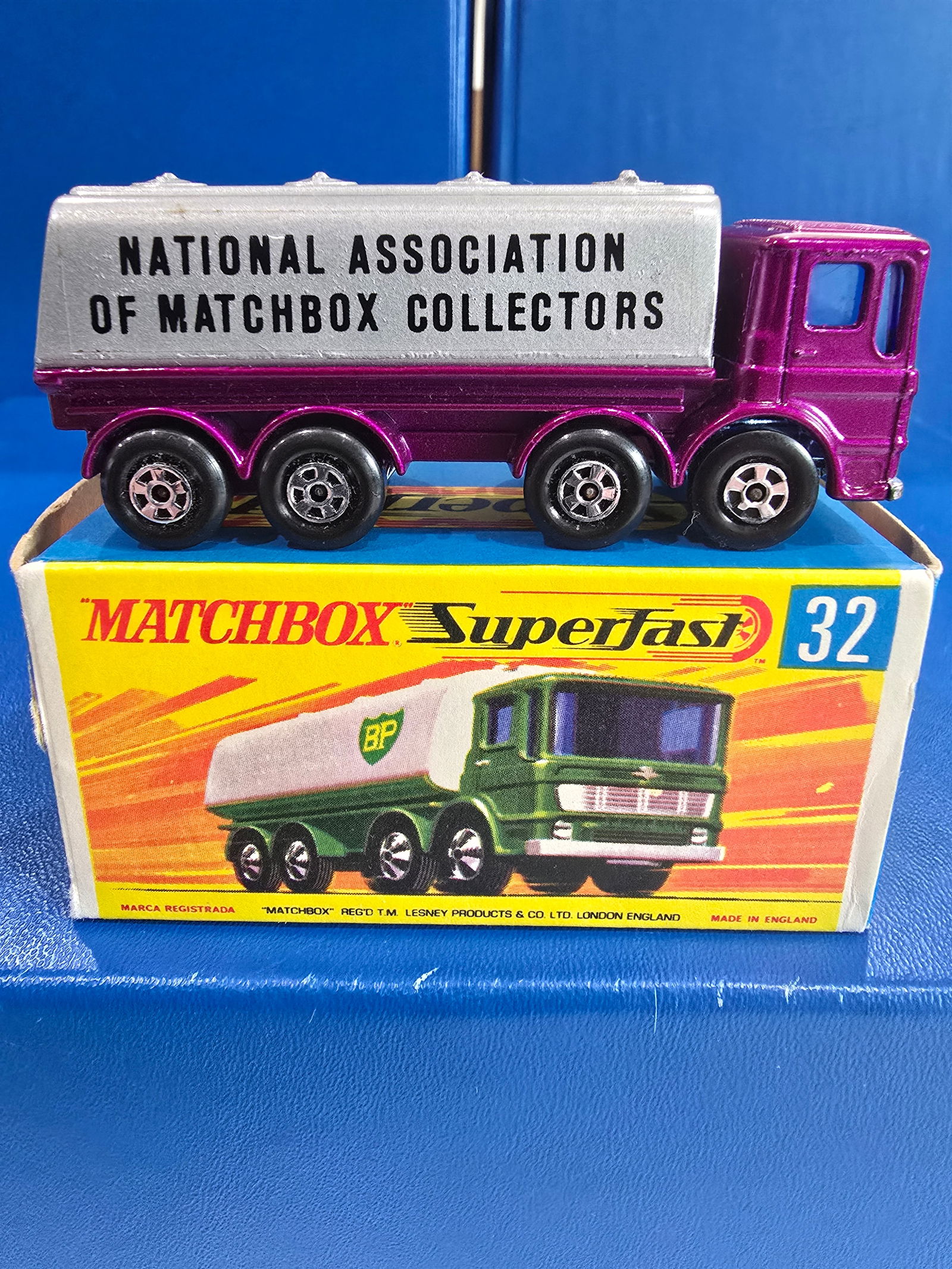 #32,HTF NABC, Purple, purple glass, chrome England base, silver-grey tank, blk azel clip: Title: Matchbox Superfast - G BoxDescription: #32,HTF NABC, Purple, purple glass, chrome England base, silver-grey tank, blk azel clipDate/Period: 1970.sMaterials: MetalDimensions: 1/64 Reserve: $400.