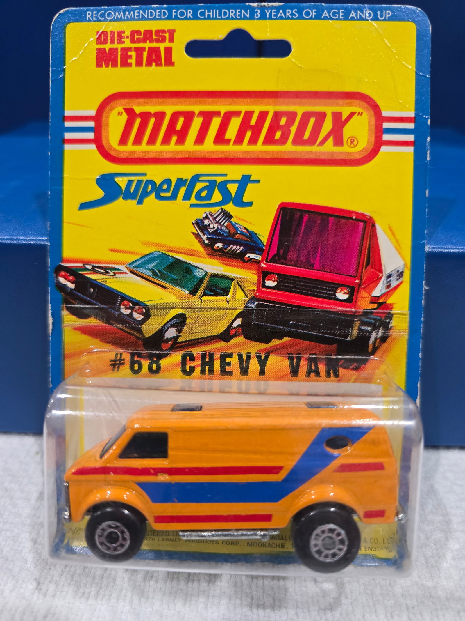 #68 Checy Van, Silver unpainted base, blue glass, red and blue stripes, England base: Title: Matchbox Superfast BlisterDescription: #68 Checy Van, Silver unpainted base, blue glass, red and blue stripes, England baseDate/Period: 1976Materials: MetalDimensions: 1/64 Reserve: $10.00 Sh