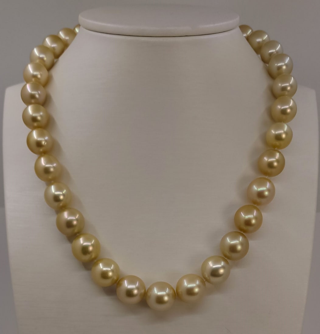 Necklace HUGE SIZE - ALGT Certified Golden South Sea Pearls - 11.0x13.5mm: Title:Necklace HUGE SIZE - ALGT Certified Golden South Sea Pearls - 11.0x13.5mm Description:This necklace is in the category of the strongest Teri according to the tested results and the ALGT criteria