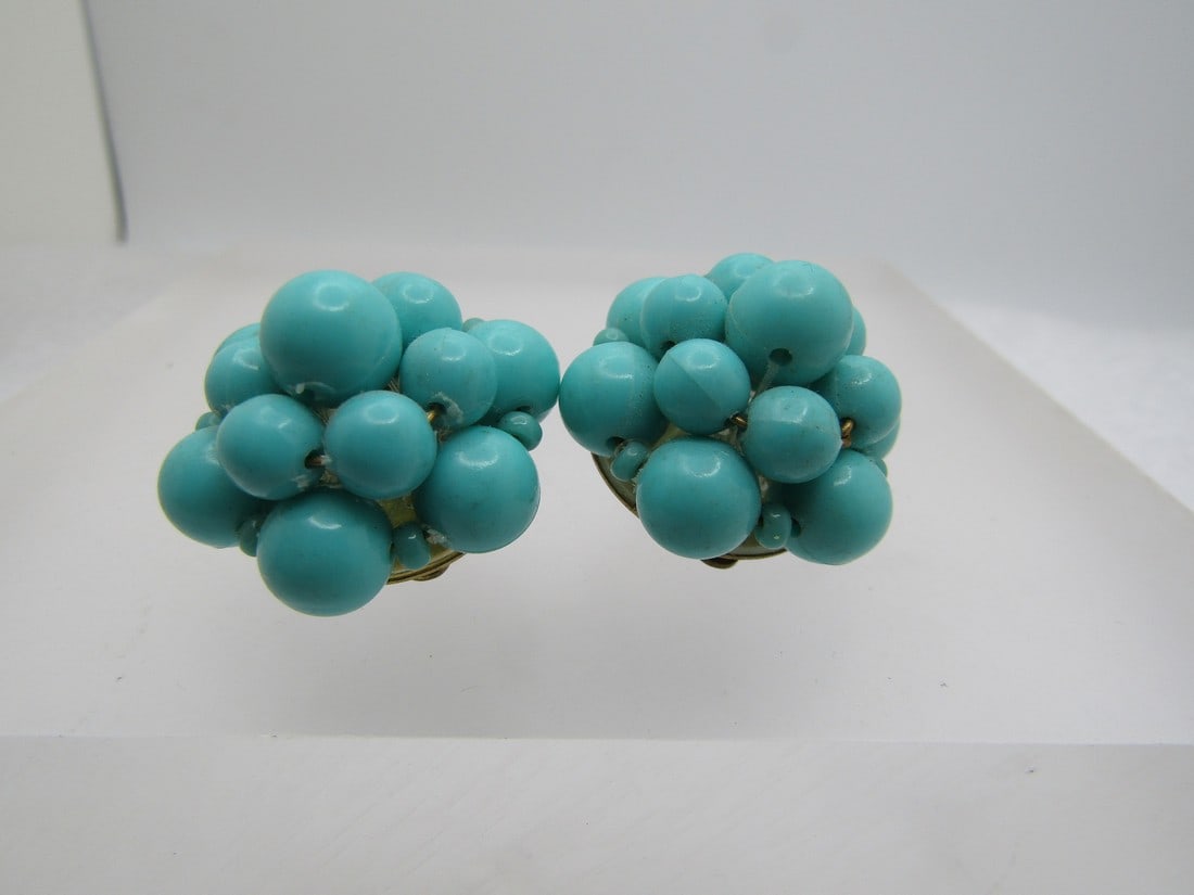 Vintage Turquoise Cluster Beaded Earrings, Clip, W. Germany, 1950's (1 of 5)
