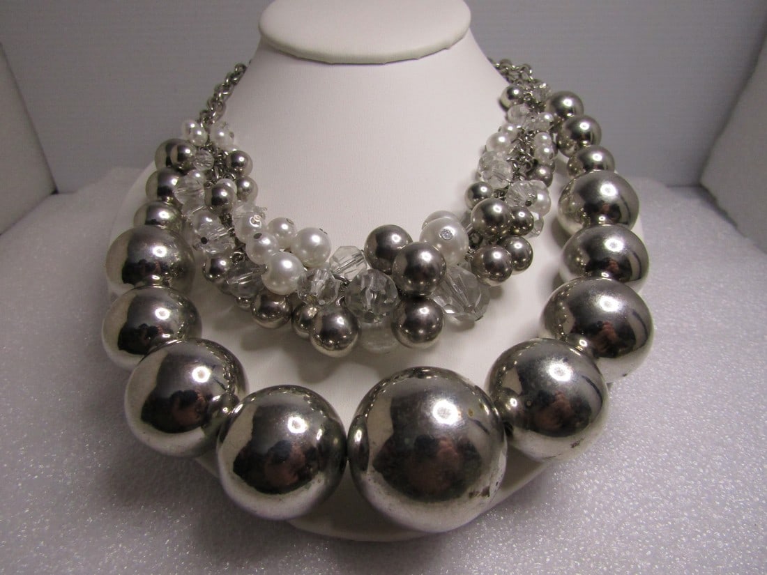 Vintage Chunky Silver & Faux Pearl Beaded Necklace, 18"-20", 1980's (1 of 5)