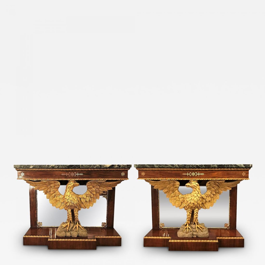 19th Century Federal Style Console Tables, Mahogany, Opposing Eagles, Marble: Title: 19th Century Federal Style Console Tables, Mahogany, Opposing Eagles, Marble Description: Pair of 19th Century Federal Eagle Carved Console Tables, Marble Tops, Carved Solid Wood These tables,
