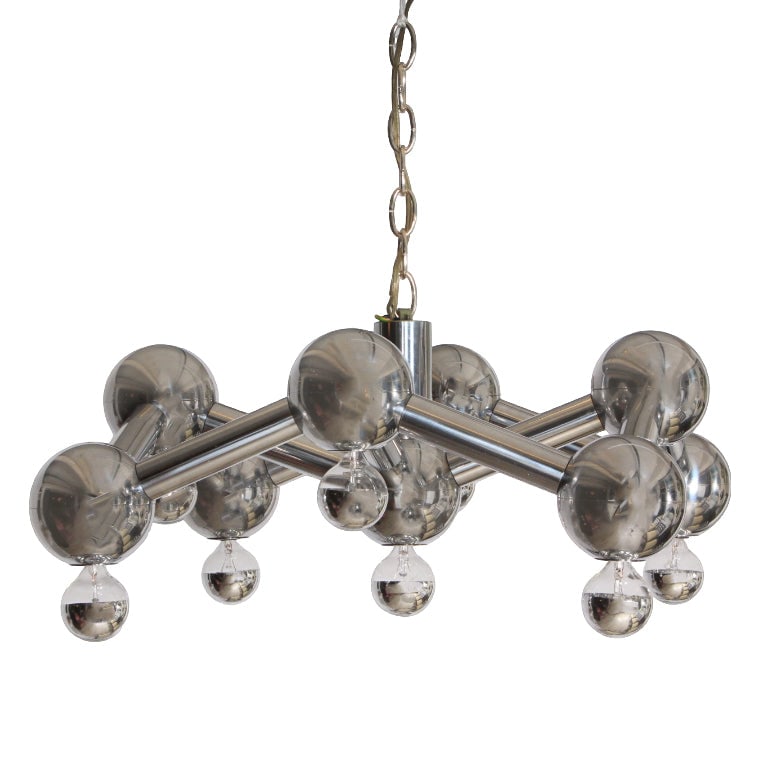 Vintage Robert Sonneman for George Kovacs Mid-Century Modern Molecular Style Chrome Chandelier: Description: A striking example of 1970s design innovation, this Vintage Robert Sonneman for George Kovacs Mid-Century Modern Chandelier showcases a bold molecular form with a polished chrome finish.