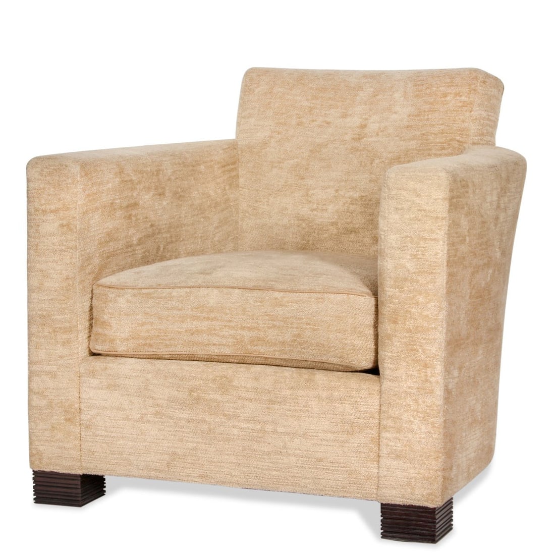 Holly Hunt Mr Benny Armchair Designed by John Hutton: Description: The Holly Hunt Mr. Benny Armchair, designed by the esteemed John Hutton, combines understated luxury with cozy sophistication. Upholstered in plush chenille fabric, this armchair offers a