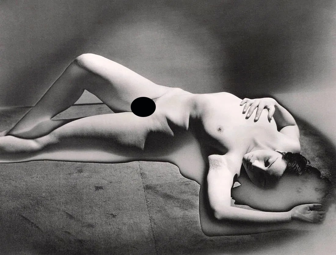 MAN RAY - Primacy of Matter over Thought, Meret Oppenheim, 1929: Artist: MAN RAY Print Title: Primacy of Matter over Thought, Meret Oppenheim, 1929 Medium: Duotone Photolithograph Printed 1980s in Germany Image size (inches) approx. 7 x 9.5” Man Ray was an Am