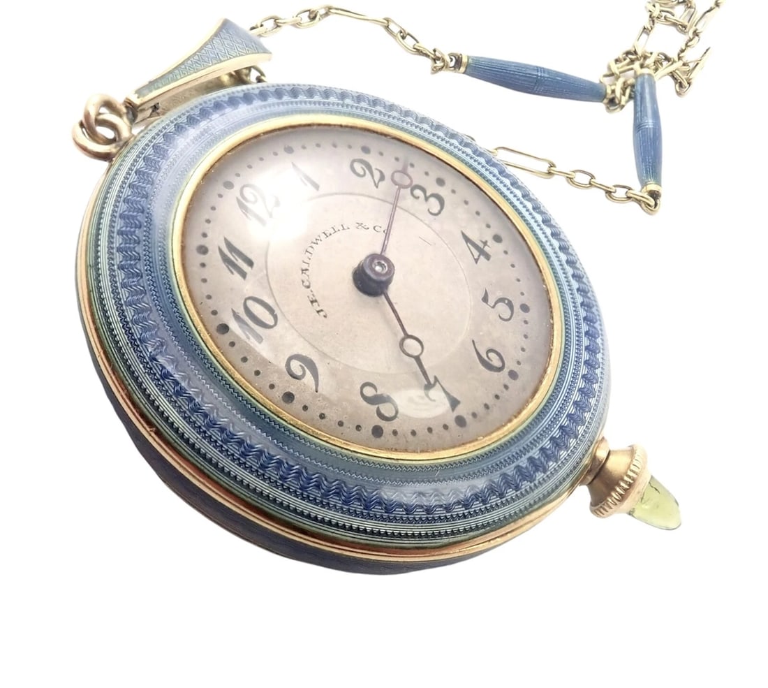 Vintage JE Caldwell Longines 14k Yellow Gold Diamond Enamel 32" Pendant Watch: Vintage JE Caldwell Longines 14k Yellow Gold Diamond Enamel 32" Pendant Watch Product Description About This Piece: Metal: 14k Yellow Gold Case Dimensions: 26mm x 34mm Weight: Movement: 22.6g Longines