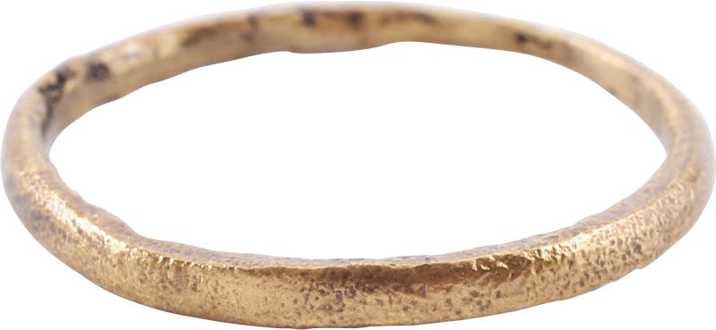 VIKING WEDDING RING, 9th-11th CENTURY AD, SIZE 9: 9th-11th century AD. Gilt bronze with low rounded face. 1.8mm width, size 9. Surface textured from burial. Professionally refurbished with the 24karat gold surface restored. See the reference image wh
