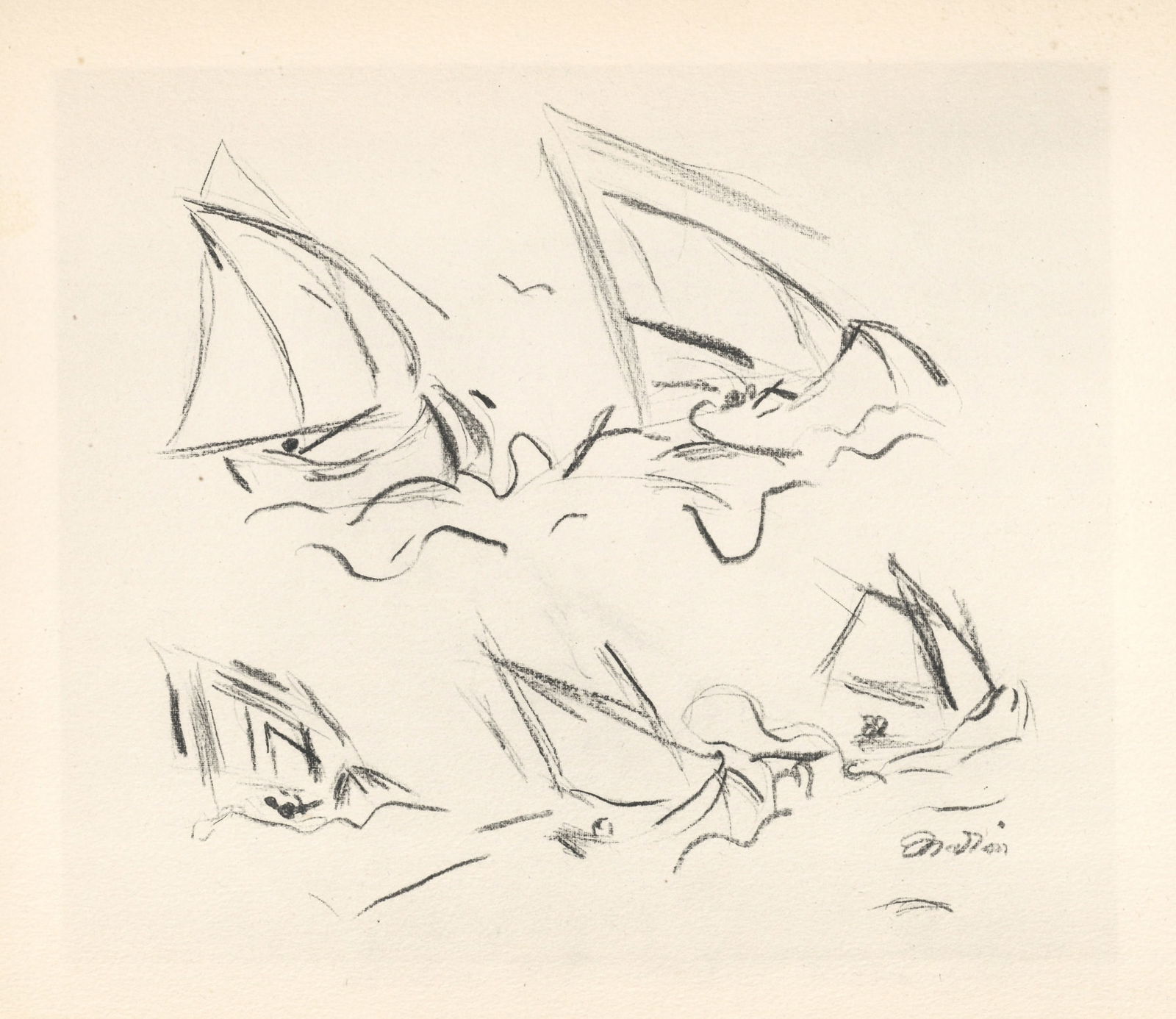 John Marin "Five Boat Movements": Medium: collotype (after the drawing). Printed in 1950 in a limited edition of 125 on Johannot wove paper. Sheet size: 10 x 12 1/2 inches (250 x 323 mm). Signed in the plate, not by hand. Condition: t