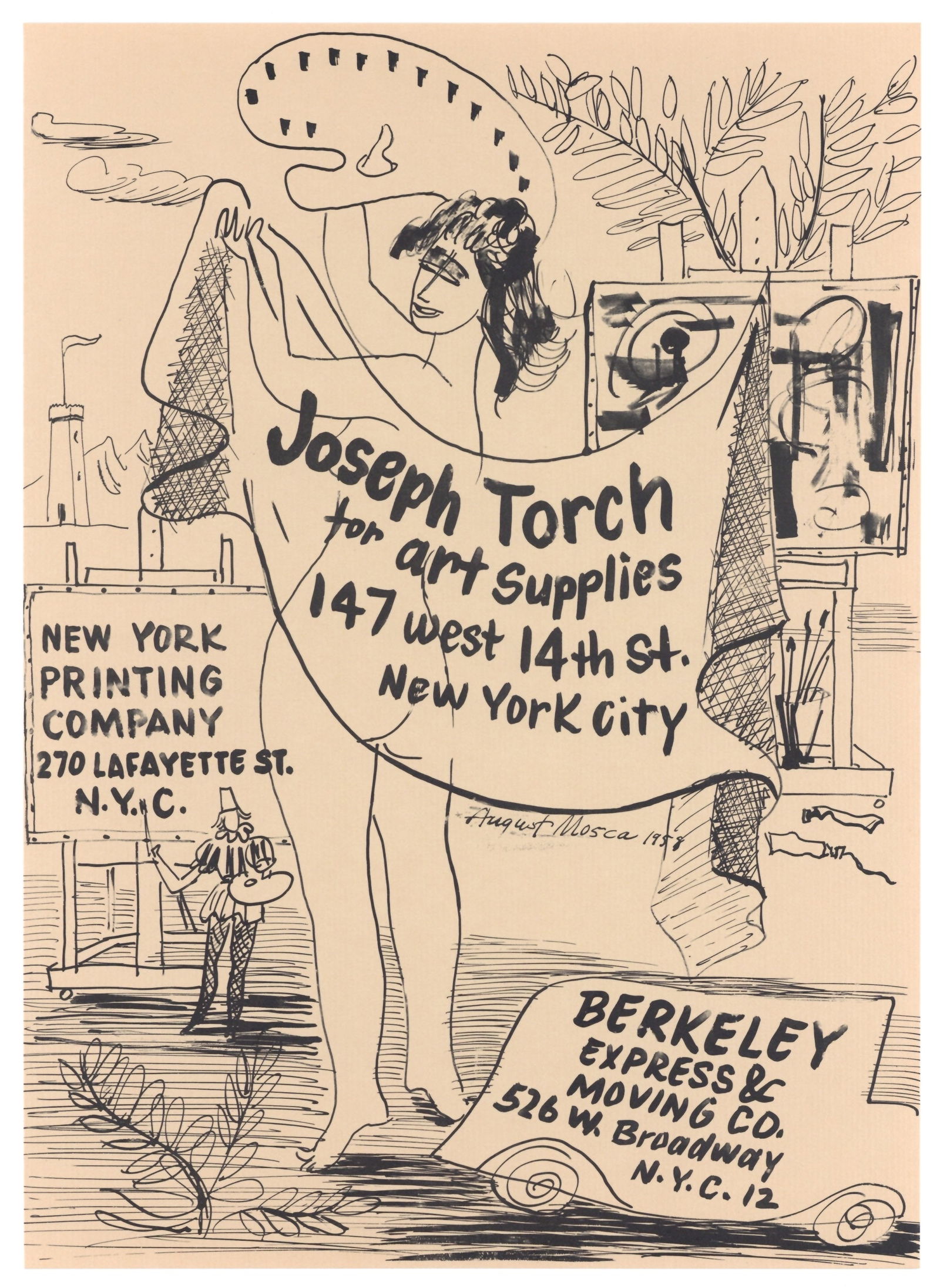 August Mosca original lithograph: Medium: original lithograph. This lithograph was printed in 1958 for the "Improvisations" portfolio, published by the Artists Equity Association of New York on the occasion of the 1958 Spring Fantasia