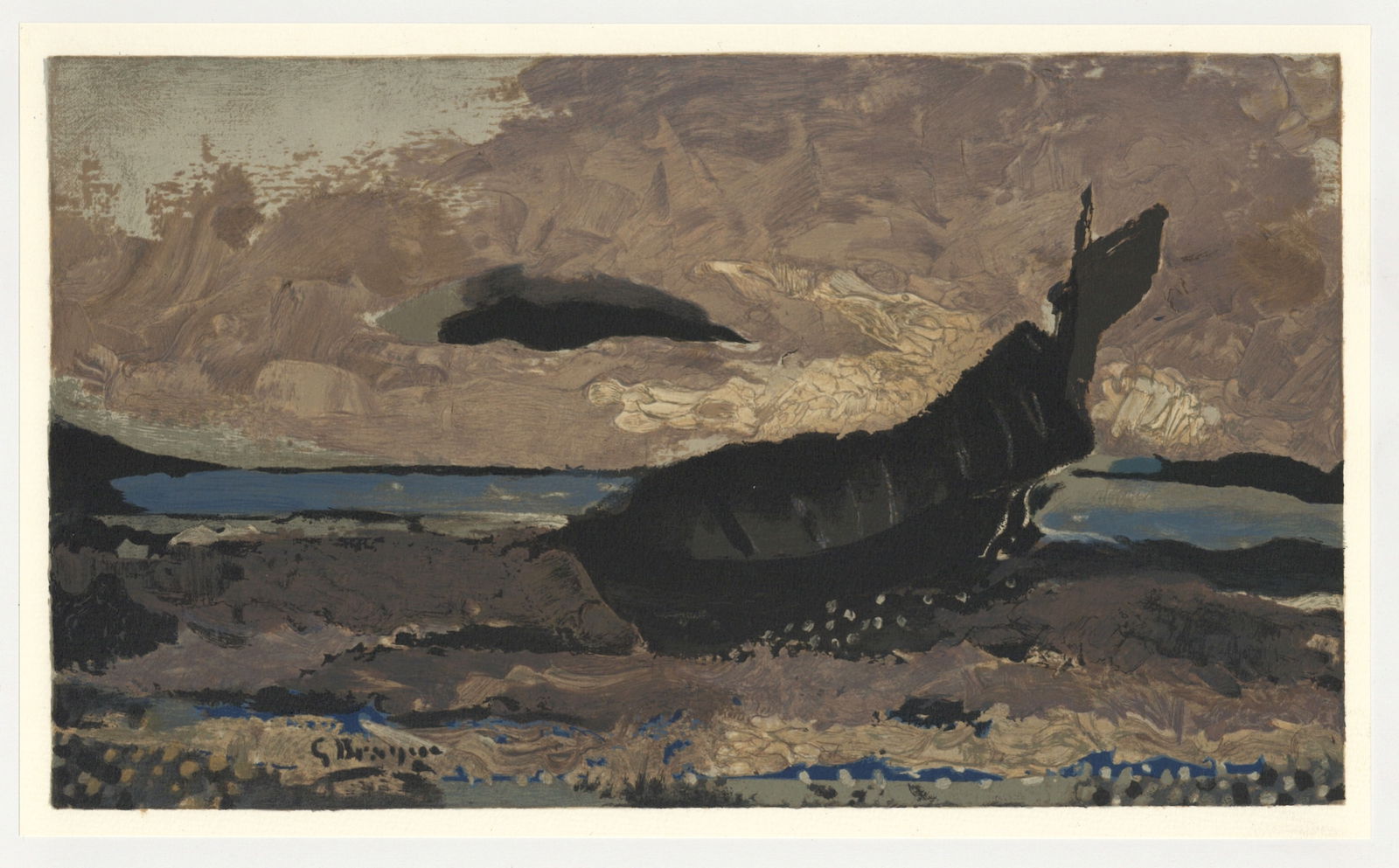 Georges Braque lithograph "La barque echouee": Medium: lithograph (after the painting). Printed in 1968 by L'Imprimerie Arte and published by the atelier Maeght for the Varengeville portfolio. Size: 8 1/4 x 13 3/4 inches (210 x 350 mm). This work