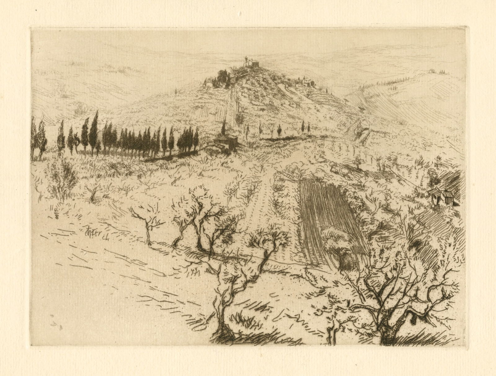 Edgar Chahine original etching "San Gimignano Colline Poggio": Medium: original etching and drypoint. This impression in sepia on watermarked laid paper was printed in 1907 and published in Paris for the Revue de l'art ancien et moderne. Plate size: 6 x 8 1/4 inc