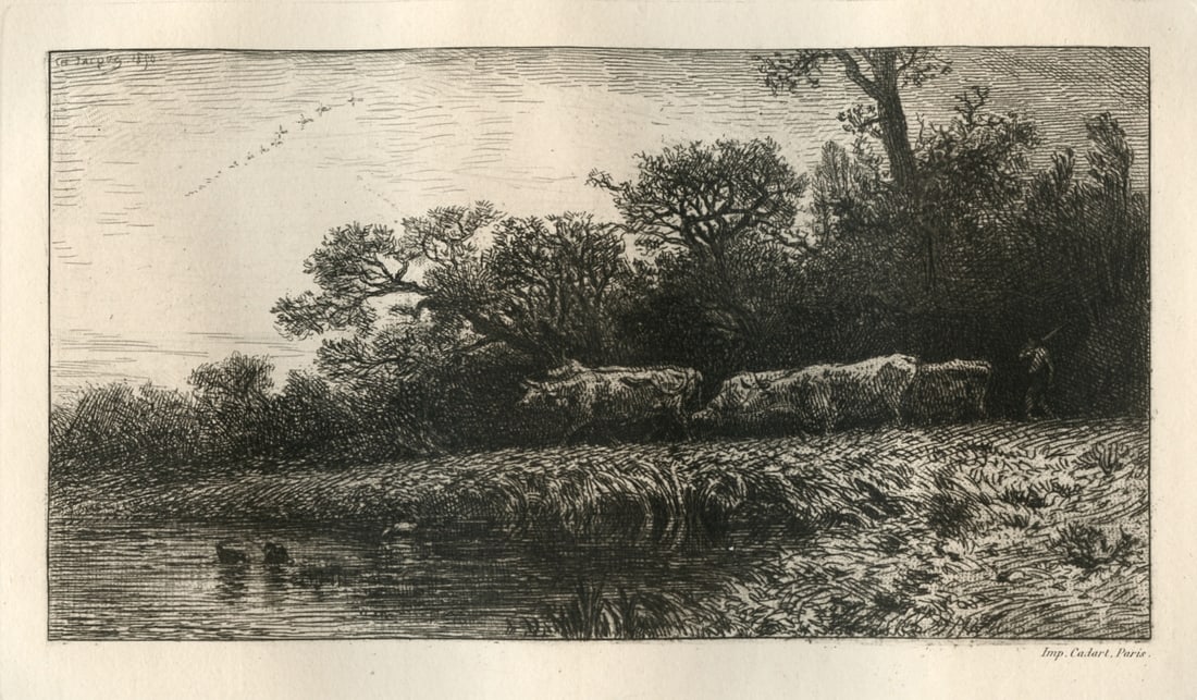 Charles Emile Jacque original etching "Paysage, Soir": Medium: original etching. This impression on Arches laid paper was printed in 1880 for Philip Gilbert Hamerton's very scarce "Etching and Etchers". Plate size: 4 3/4 x 7 7/8 inches (120 x 198mm). Sign
