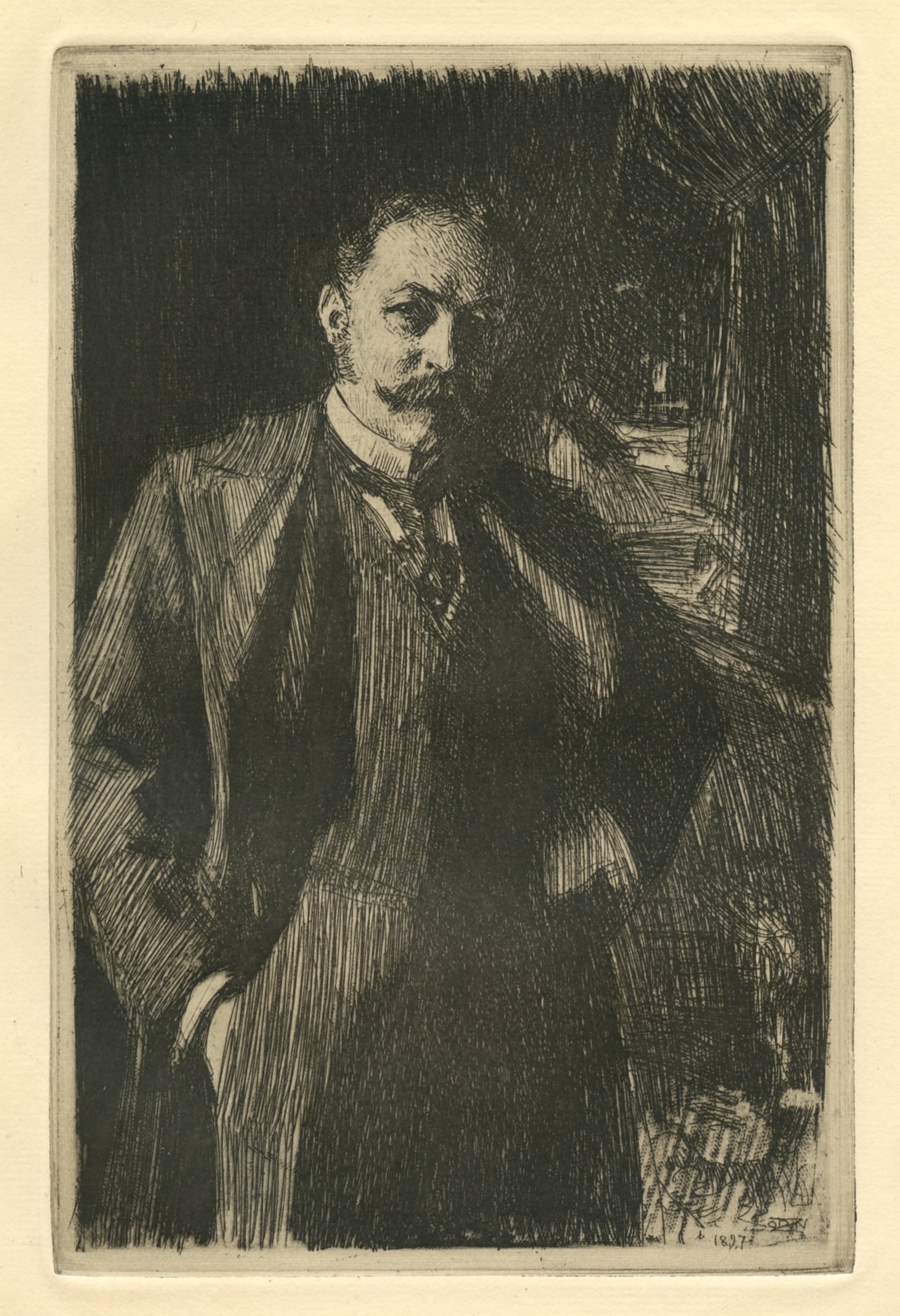 Anders Zorn "Edward Rathbone Bacon": Medium: heliogravure (after the etching). Printed in Stockholm in 1920 on laid paper in an edition of 650 for the Asplund catalogue and now scarce. There is a platemark around the image as with an act