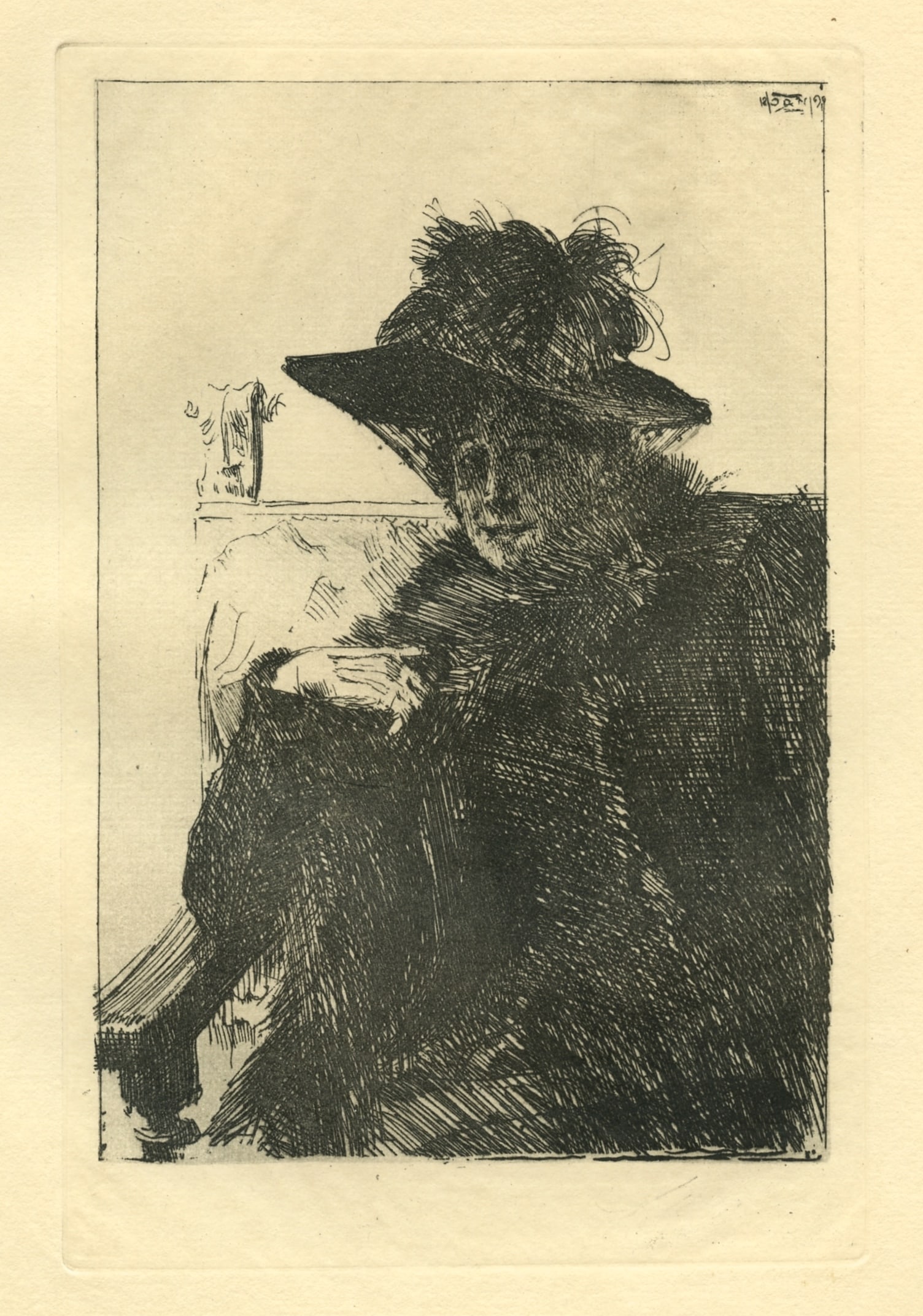 Anders Zorn "Madame Armand Dayot": Medium: heliogravure (after the etching). Printed in Stockholm in 1920 on laid paper in an edition of 650 for the Asplund catalogue and now scarce. There is a platemark around the image as with an act