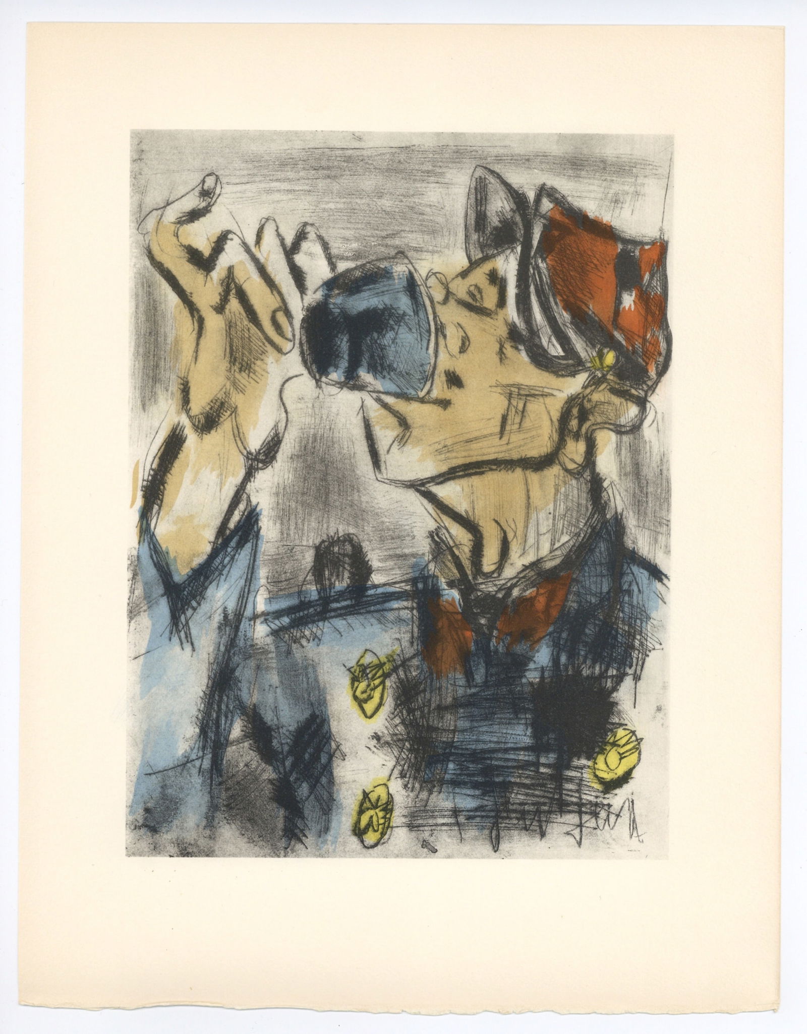 Gen Paul pochoir "Le Quart du Tourlourou": Medium: pochoir (after the watercolor). Printed on Arches paper in 1956 at the atelier Daniel Jacomet for the Vins, fleurs et flammes portfolio, and issued in a limited edition of 380. Size: 12 3/4 x