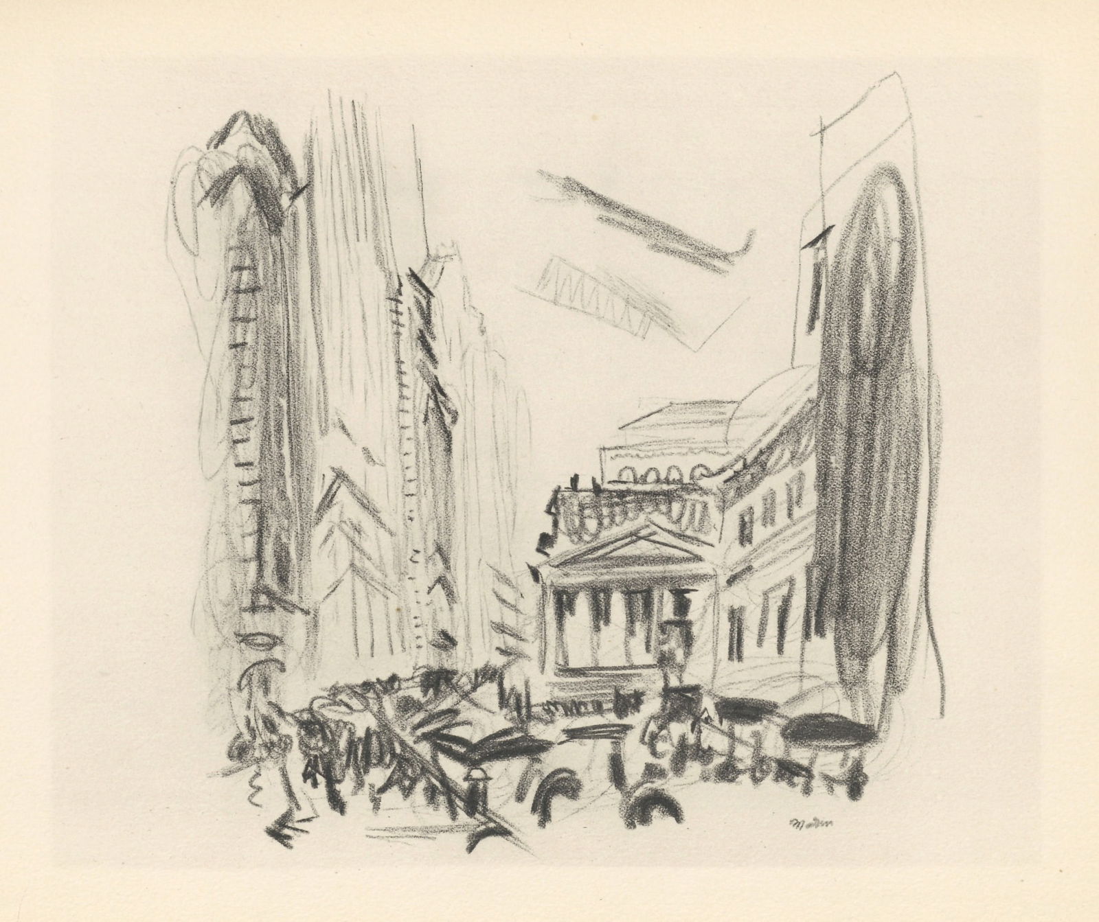John Marin "Broad Street NYC": Medium: collotype (after the drawing). Issued in 1950 in a limited edition of 125 on watermarked Johannot wove paper. The image size is 7 3/4 x 9 1/4 inches; the full sheet measures 10 x 12 1/2 inches