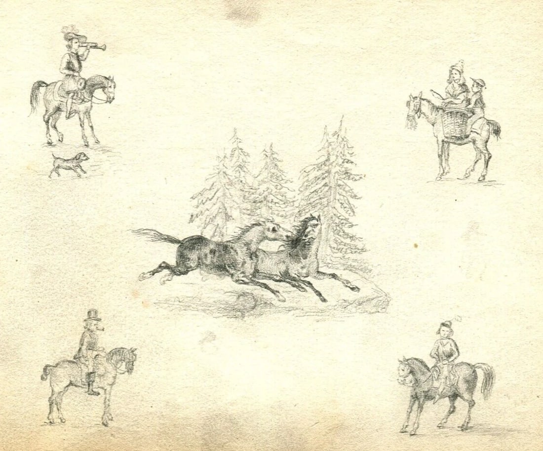 Antique Pencil Original Drawing 19th century of Horses, Hunting Scenes Artwork (1 of 8)