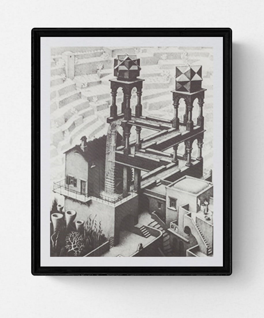 Waterfall: Title:Waterfall Artist:M.C. Escher Description:Waterfall" by M.C. Escher, 1988 Unsigned Offset Lithograph. Paper size is 8.75 x 6.75 inches, with an image size of 8.75 x 6.75 inches. The Offset Lithog