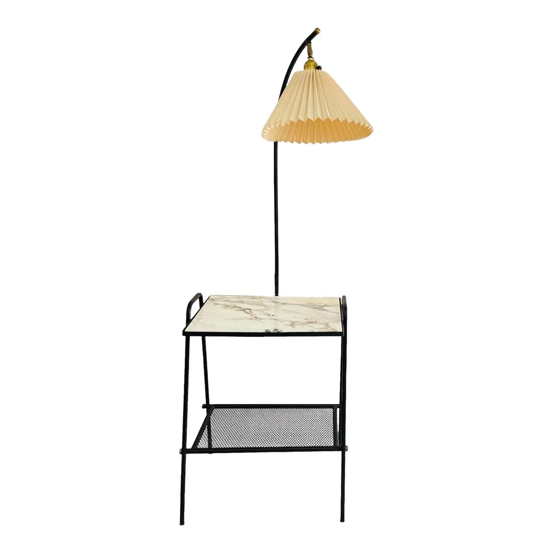 Mathieu Mategot Atomic Style Wrought Iron Side Table With Built in Lamp Marble Top Ruffled Shade Inc: Rare mid century wrought iron table with new marble top and built in wrought iron lamp with ruffled shade reminiscent of MATHIEU MATEGOT and Raoul Guys. Statement piece in any room. Condition: Alterat