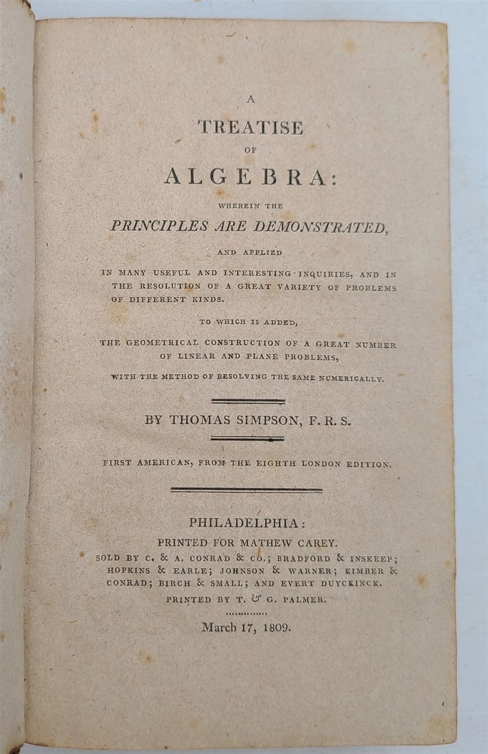 1809 TREATISE of ALGEBRA antique by THOMAS SIMPSON AMERICANA Philadelphia (1 of 4)