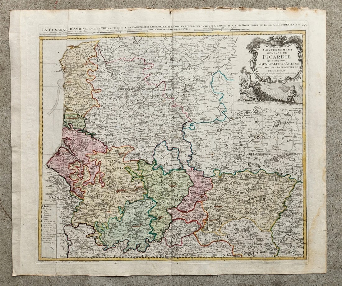 1746 PICARDIE FRANCE antique MAP Pas-de-Calais by Homann: Carte du Govvernement General de PICARDIE Ioh. Baptista Homanno Nuremberg: Homann; 1746 Hand-colored copper engraving on paper Size 21 by 25 inches good condition, folds, some wear, rear repaired with