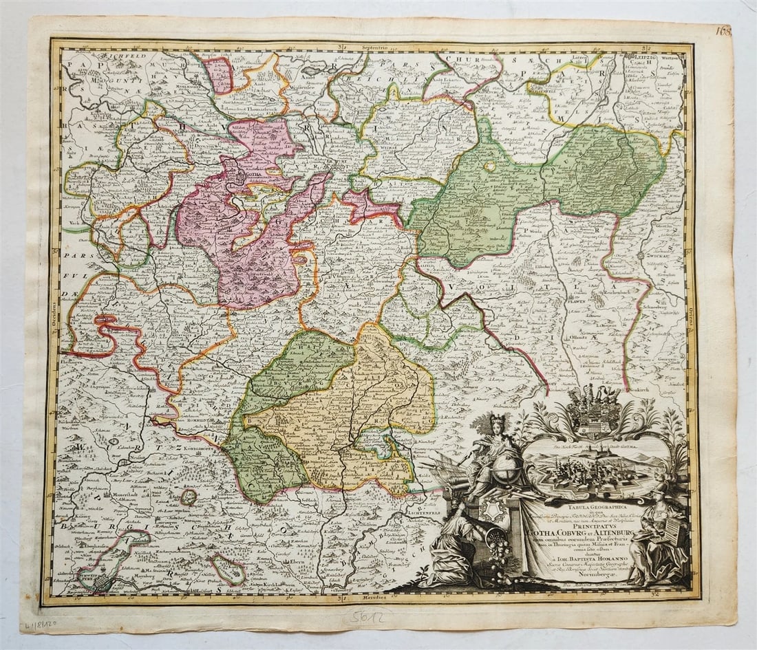 1730s GERMANY antique MAP PRINCIPATUS GOTHA COBURG et ALTENBURG by JOHANN HOMANN: Johann Baptista Homann Germany, ca. 1664–1724 GERMANY PRINCIPATUS GOTHA, COBURG et ALTENBURG Hand-colored etching on paper, undated (Nuremberg; c. 1730) Size 20.5 by 24 inches Good condition Joh