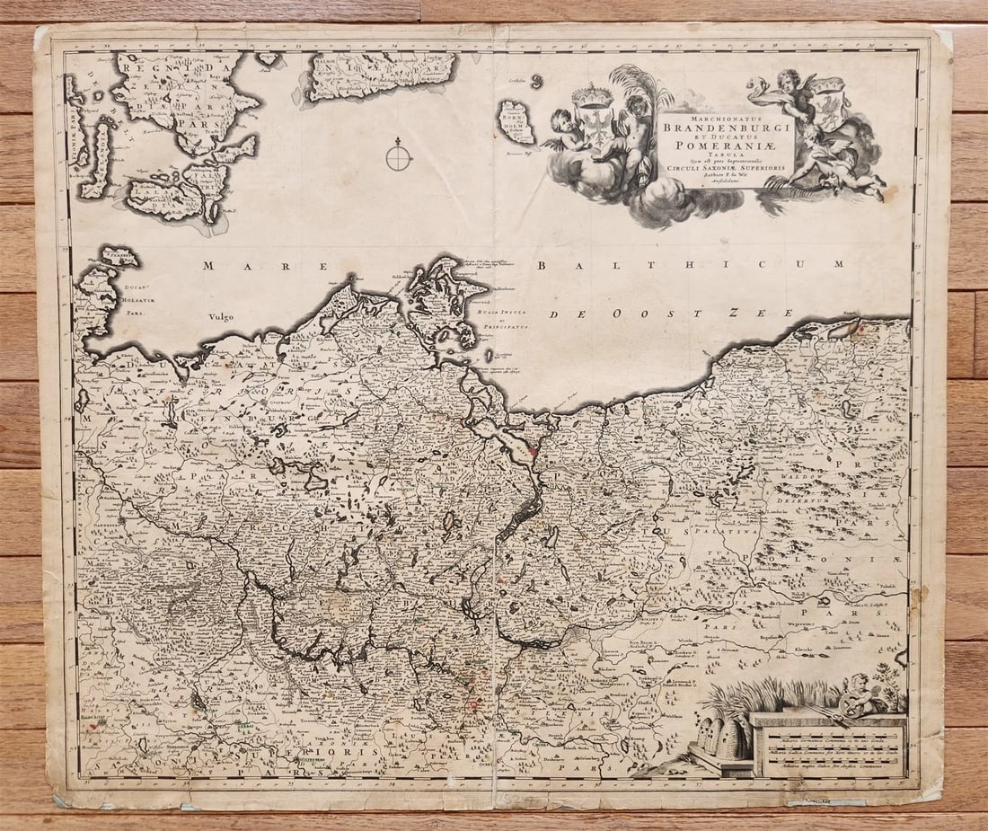 1688 GERMANY antique MAP Brandenburg and Pomerania by F. de WIT: MARCHIONATUS BRANDENBURGI et DUCATUS POMERANIAE TABULA Tabula que est pars Septentrionalis Ciruculi Saxoniae Superioris . . . MAP of Northern Germany, including Brandenburg and Pomerania Hand-colored