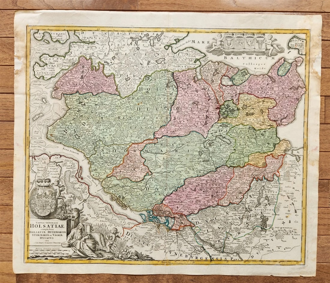 1730 HOLSTEIN GERMANY antique MAP TABULA GENERALIS HOLSATIAE by JOHANN HOMANN: Johann Baptista Homann Germany, ca. 1664–1724 TABULA GENERALIS HOLSATIAE complectens Holastiae Dithmarsiae Stormariae et Vagriae Ducatus. (HOLSTEIN, GERMANY) Hand-colored etching on paper, undat