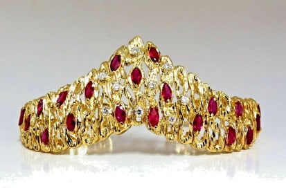 6.00ct Natural Ruby Diamond Coral Patina Chevron Cuff Bracelet 18 Karat