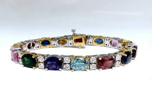 26.50ct Natural Emeralds Aquamarines Red Tourmaline Bracelet 14 Karat Gemline