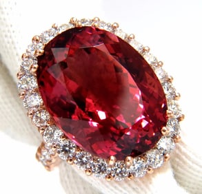 GIA Certified 24.13ct natural red tourmaline 3.00ct diamonds ring 18kt +